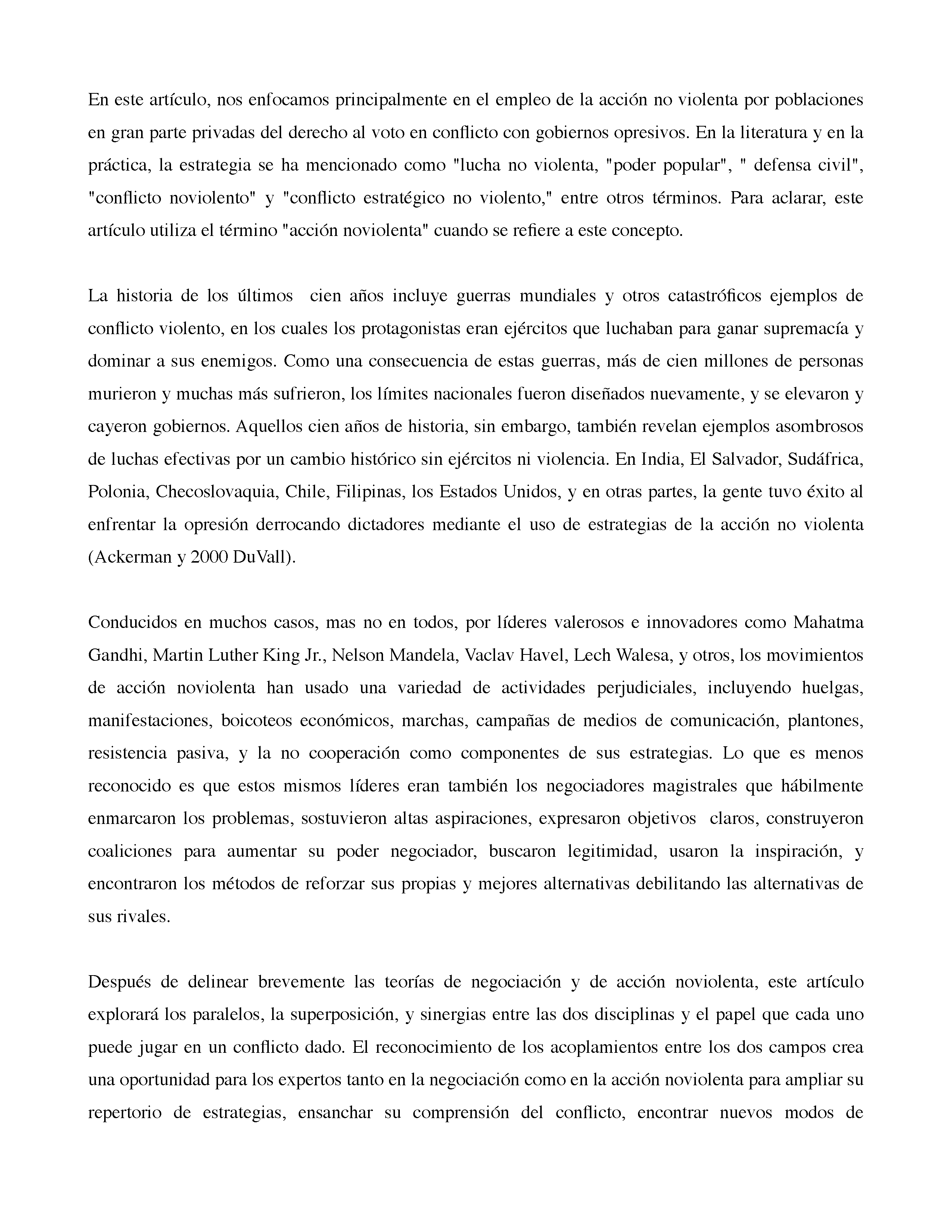 En Teoría, la negociación y la acción no violenta: Interactuando en el universo del conflicto