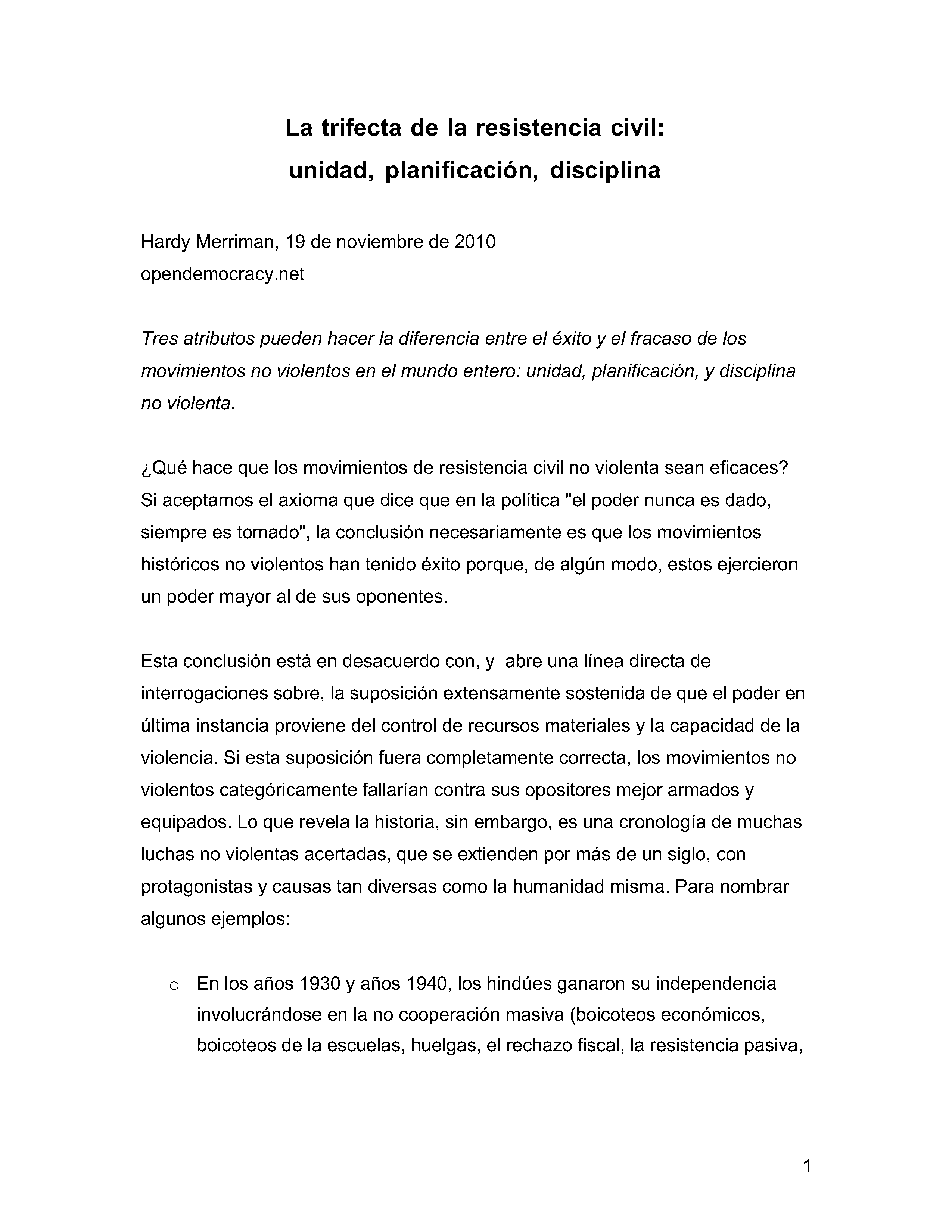 La trifecta de la resistencia civil: unidad, planificación, disciplina