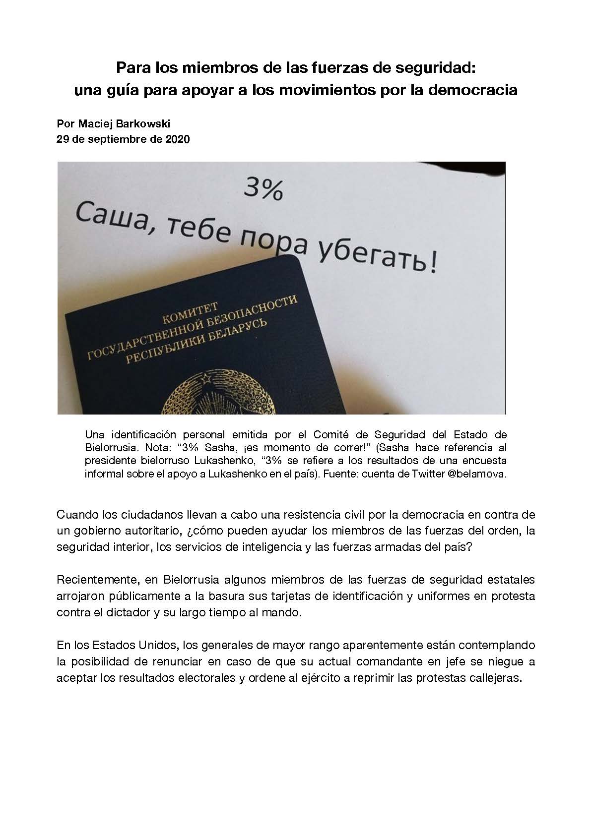 Para los miembros de las fuerzas de seguridad: una guía para apoyar a los movimientos por la democracia