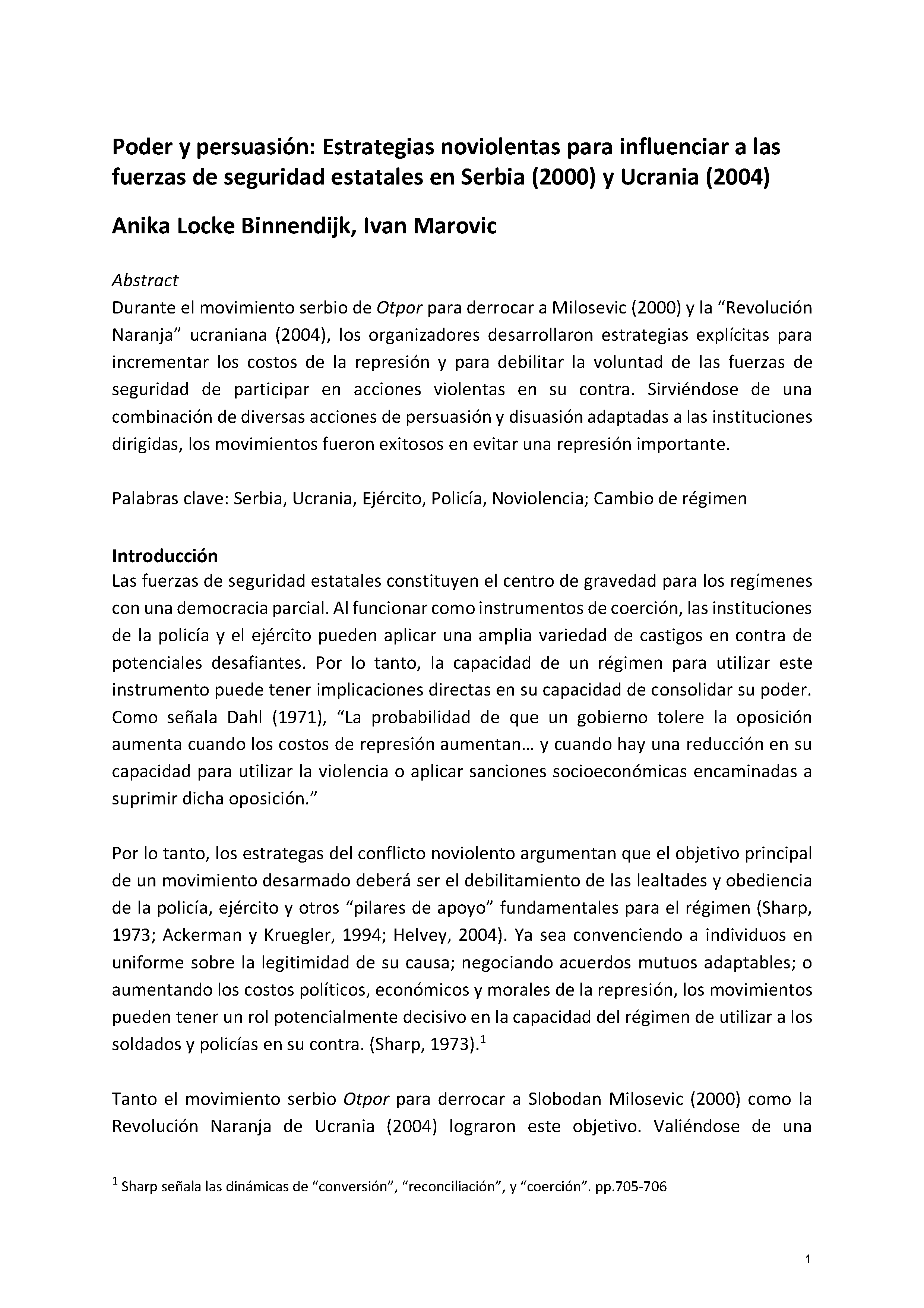 Poder y persuasión: Estrategias noviolentas para influenciar a las fuerzas de seguridad estatales en Serbia (2000) y Ucrania (2004)