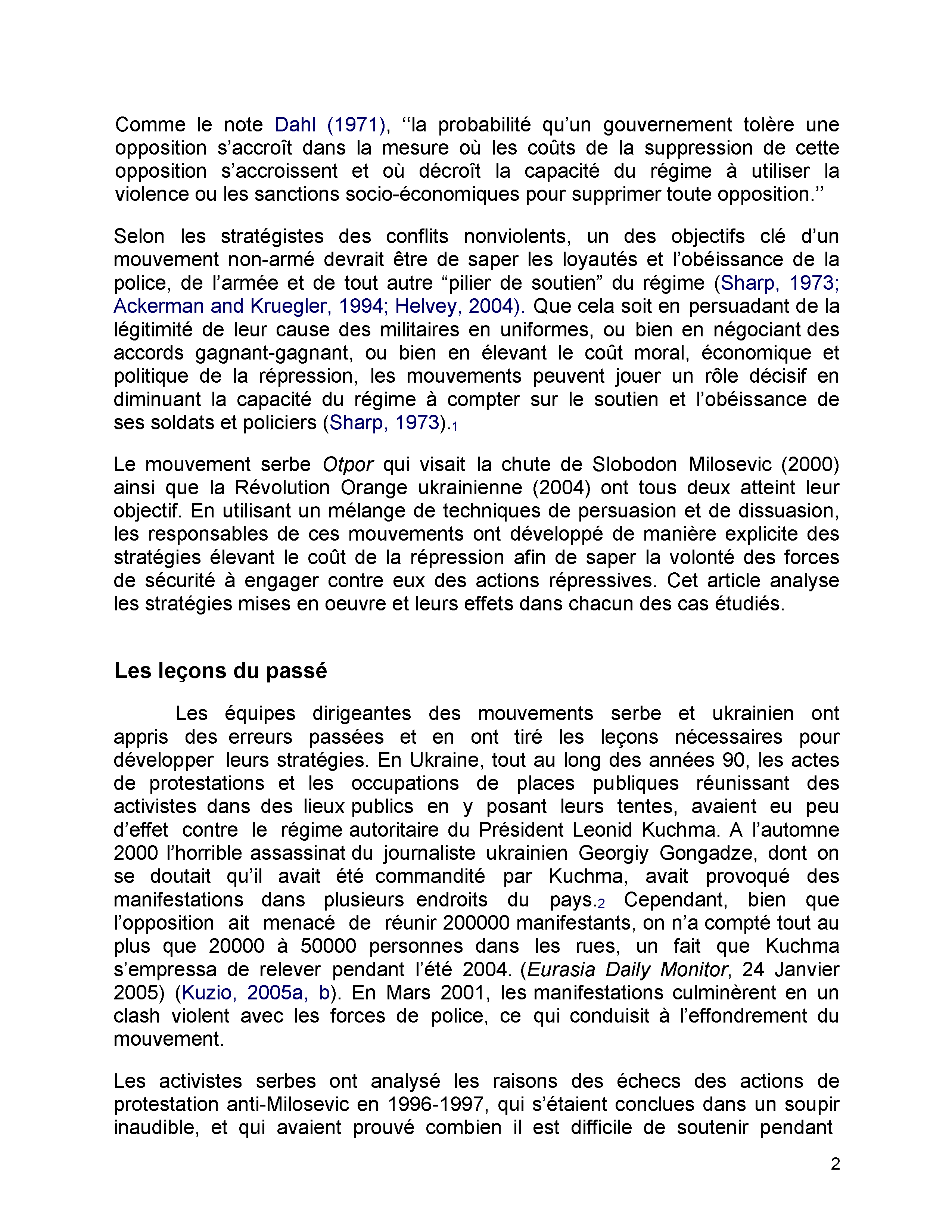 La force et la persuasion: stratégies nonviolentes pour influencer les forces de sécurité en Serbie (2000) et en Ukraine (2004)