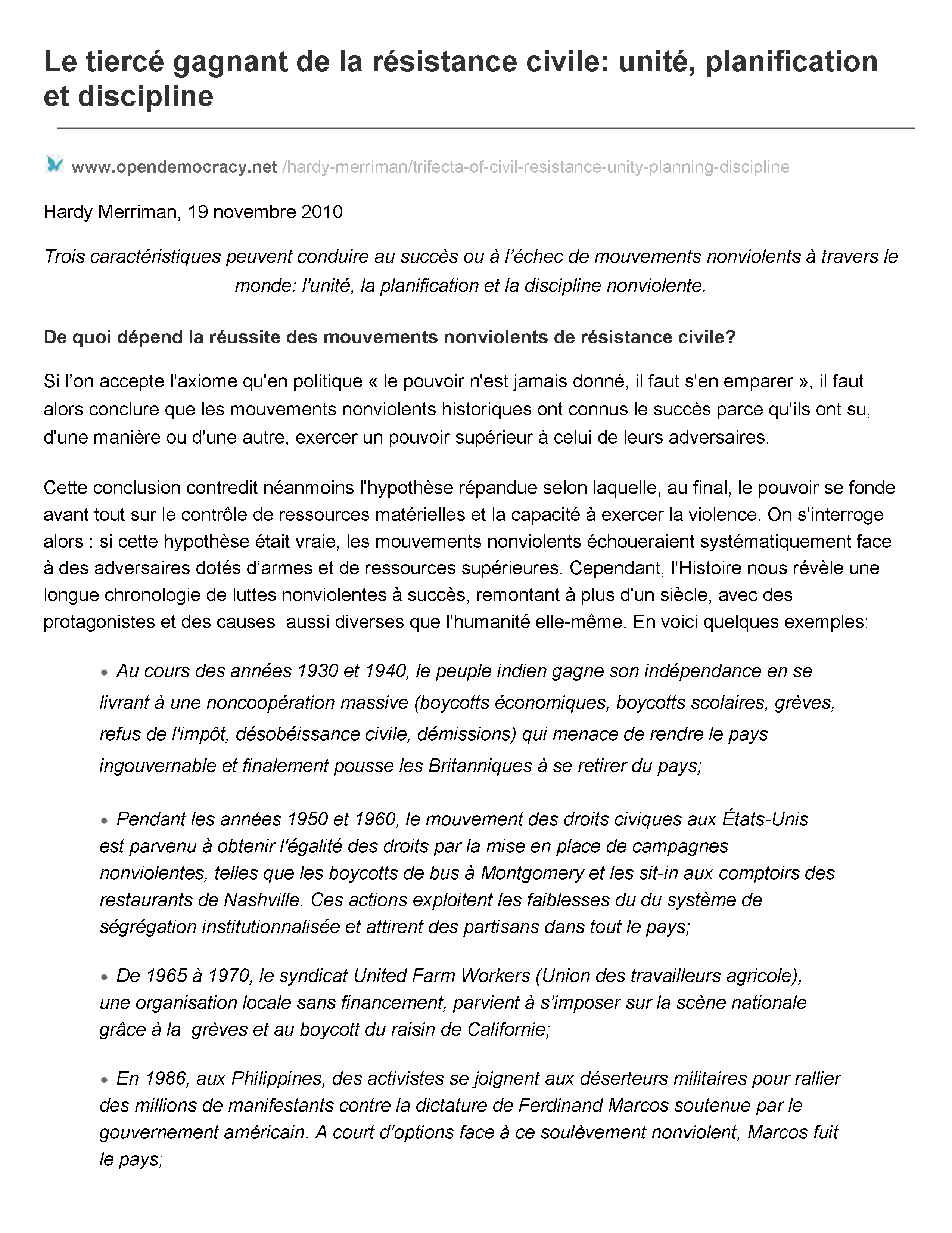 Le tiercé gagnant de la résistance civile: unité, planification et discipline