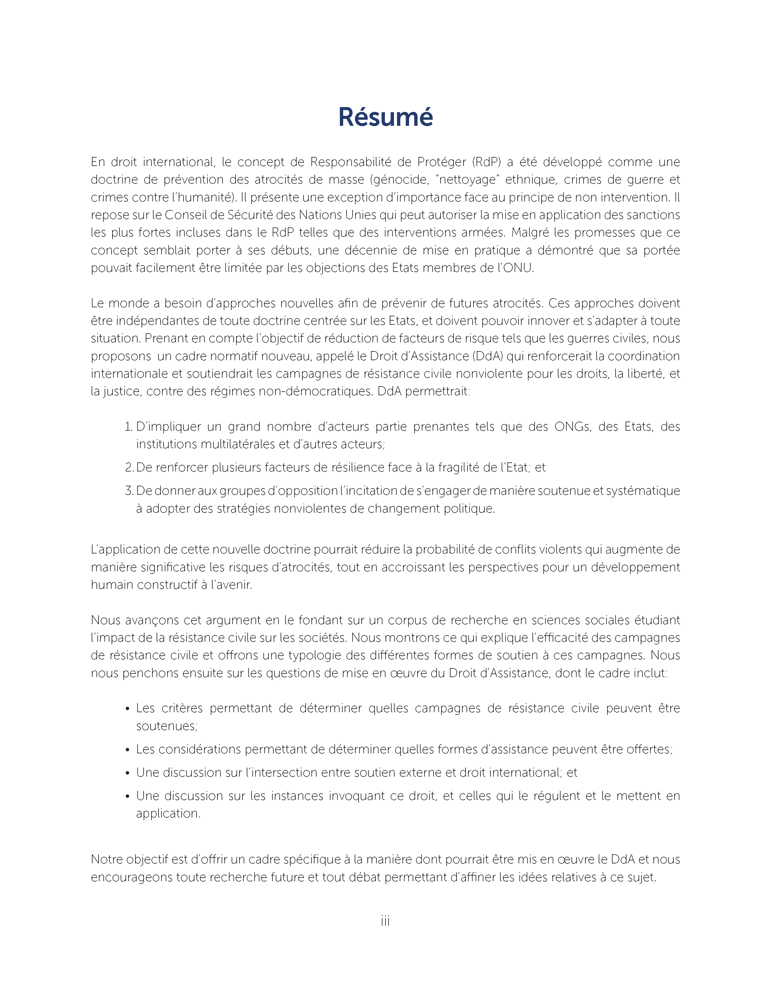 La Prévention des Atrocités de Masse: De la Responsabilité de Protéger (RdP) au Droit d’assistance (DdA) des Campagnes de Résistance Civile