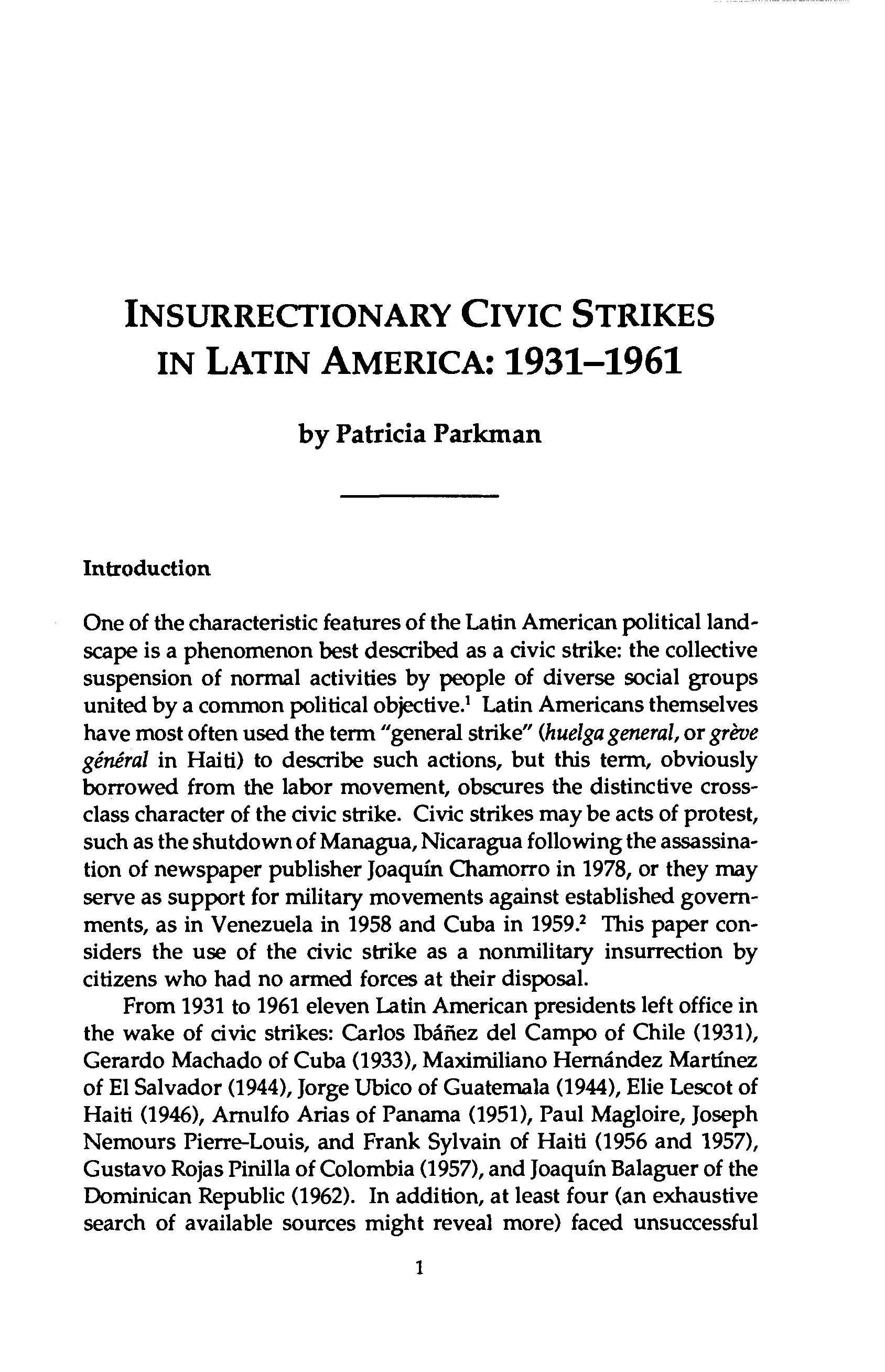 Insurrectionary Civic Strikes in Latin America: 1931–1961