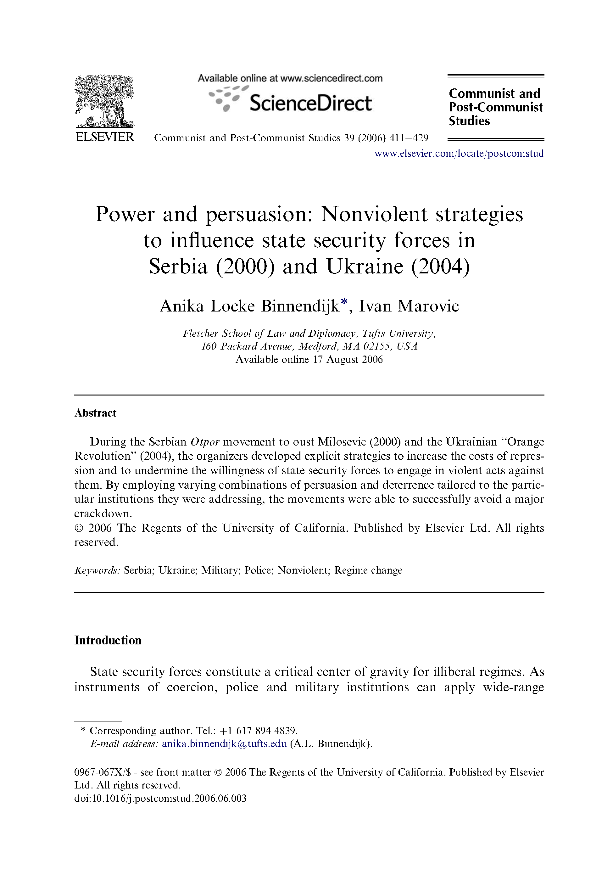 Power and Persuasion: Nonviolent strategies to influence state security forces in Serbia (2000) and Ukraine (2004)