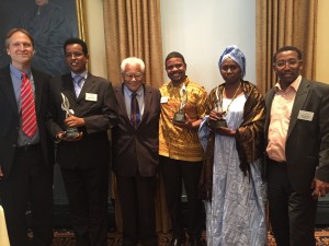 L-R: ICNC President Hardy Merriman; MUHURI Executive Director Hassan Abdille; Rev. James Lawson; HAKI Africa Executive Director Hussein Khalid; Vice President of IRA-Mauritanie Coumba Dada Kane; and Head of IRA-Europe Abidine Merzough.