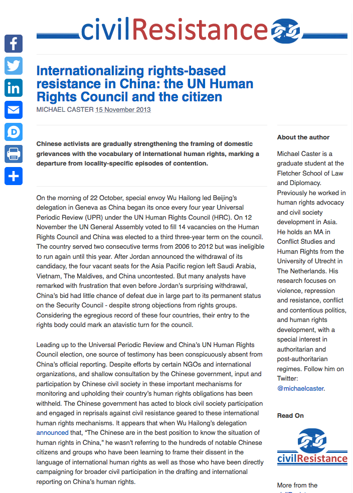 Internationalizing Rights-Based Resistance in China: the UN Human Rights Council and the Citizen