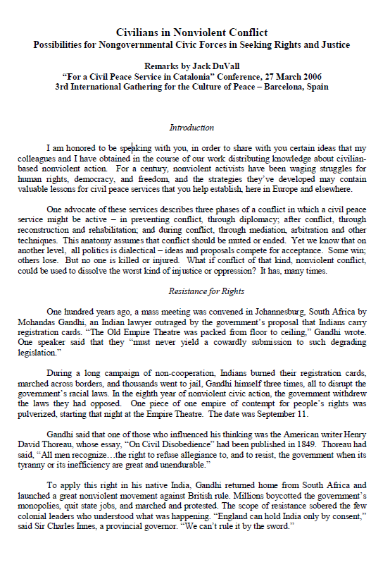 Civilians in Nonviolent Conflict: Possibilities for Nongovernmental Civic Forces in Seeking Rights and Justice