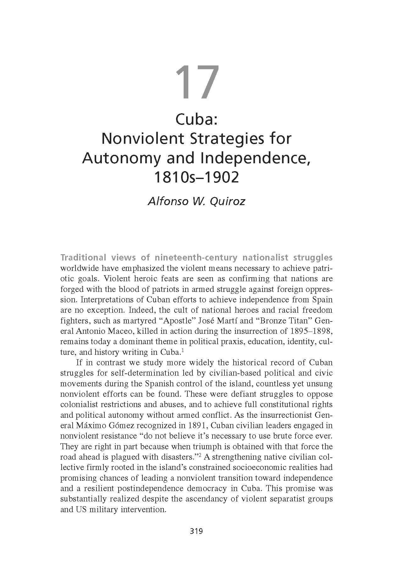 Cuba: Nonviolent Strategies for Autonomy and Independence, 1810s-1902 (Chapter 17 from ‘Recovering Nonviolent History’)