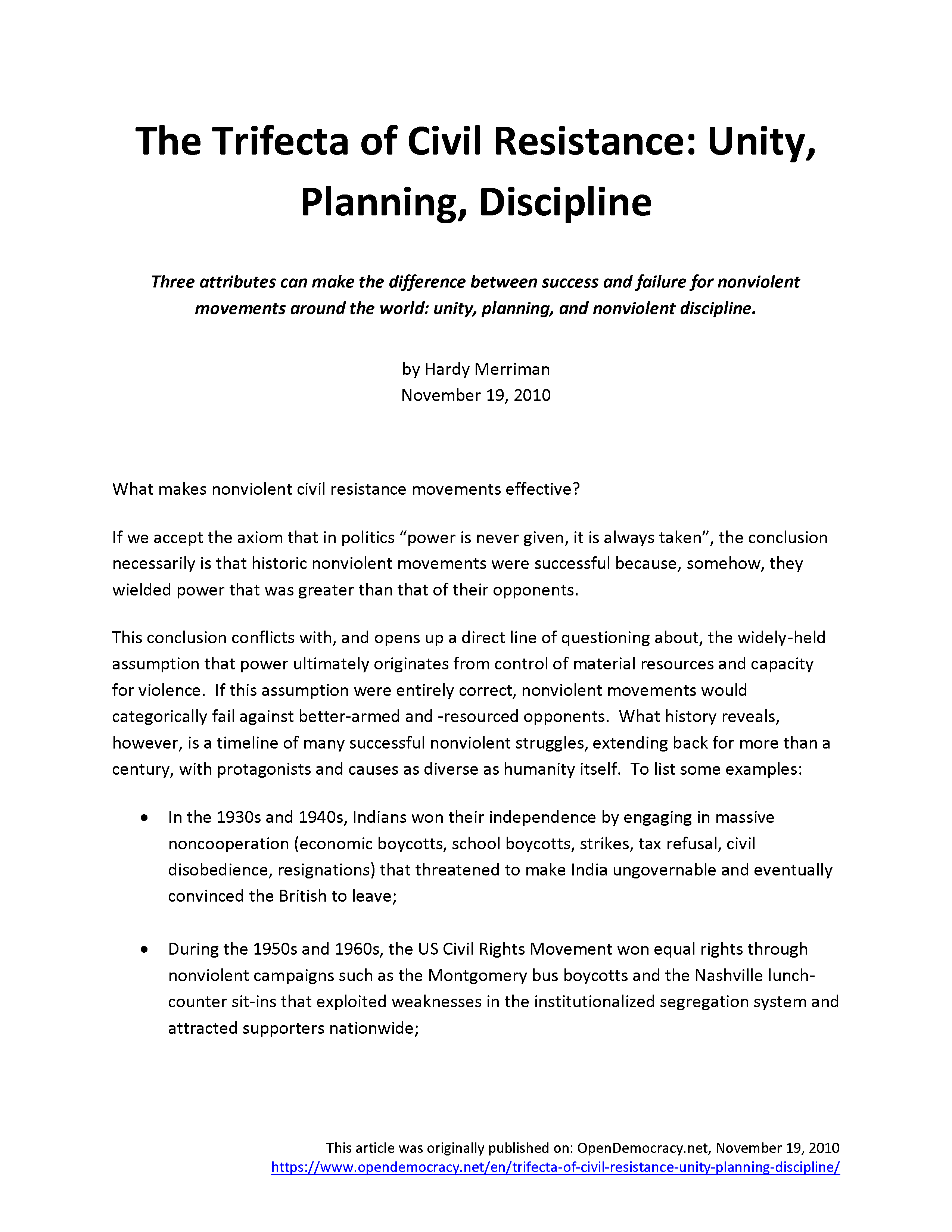 The Trifecta of Civil Resistance: Unity, Planning, Discipline