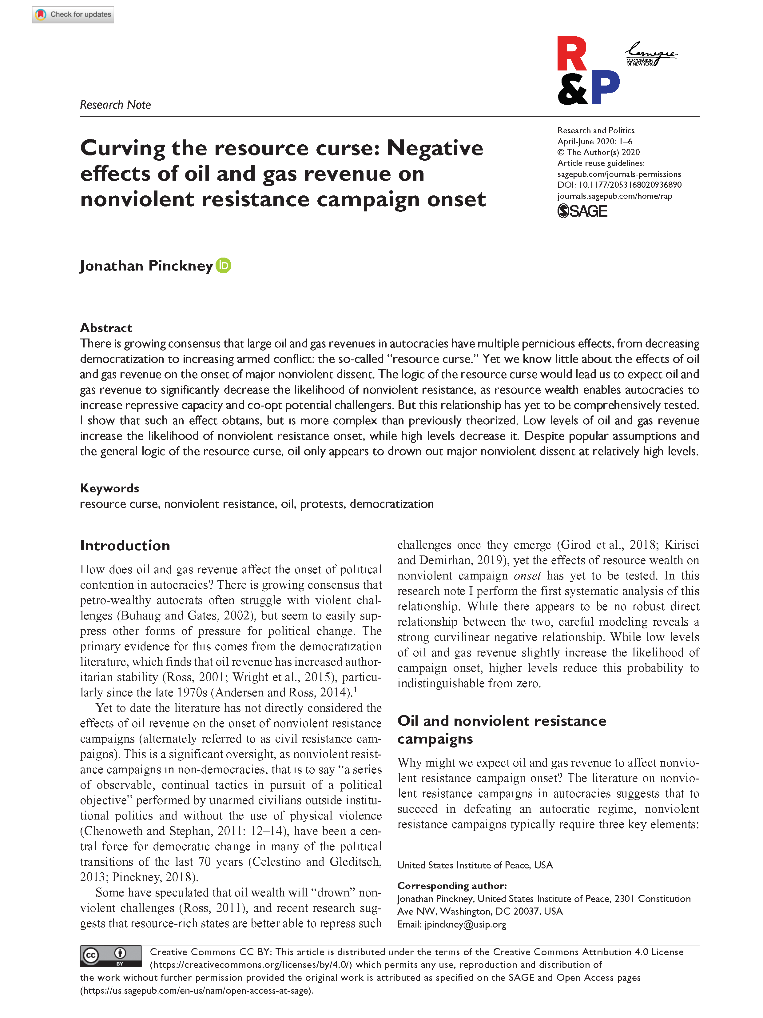 Curving the resource curse: Negative effects of oil and gas revenue on nonviolent resistance campaign onset