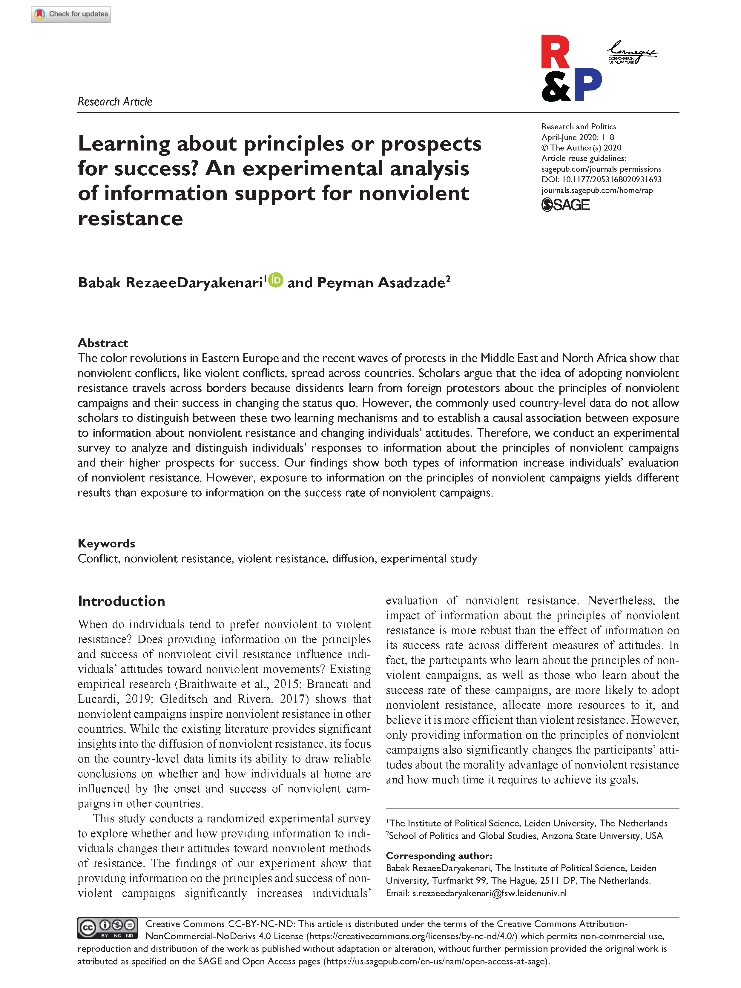 Learning about principles or prospects for success? An experimental analysis of information support for nonviolent resistance